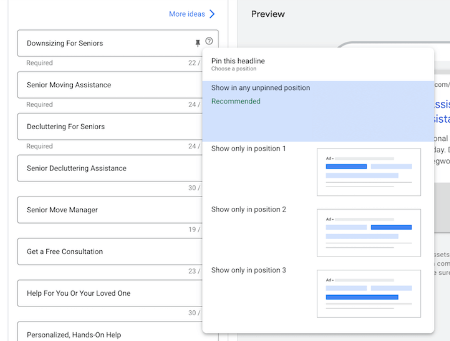 Les annonces de recherche réactives de Google testeront automatiquement différents titres dans différentes positions pour voir comment ils se comportent dans les titres 1, 2 et 3. Tous les titres ne seront pas affichés à chaque fois. Il en va de même pour vos descriptions. Cela permet à Google de trouver le meilleur message pour chaque utilisateur, chaque mot-clé et chaque appareil de recherche.