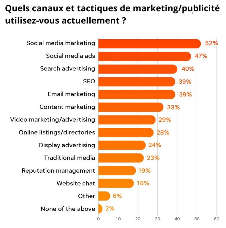Quels canaux et tactiques de marketing/publicité utilisez-vous actuellement ?