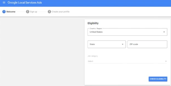 Accédez à la page d'accueil LSA de Google.<br />
Cliquez sur le bouton bleu "Démarrer".<br />
Suivez les instructions pour configurer vos LSA. La première étape consiste à confirmer que votre entreprise est éligible aux LSA en fournissant des informations sur sa localisation et son secteur d'activité.