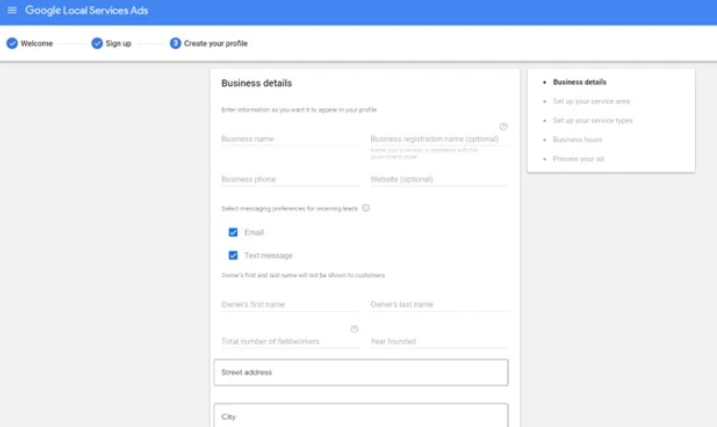 Inscrivez-vous et répondez à toutes les questions pour créer le profil de votre entreprise, en commençant par les informations relatives à l'entreprise.