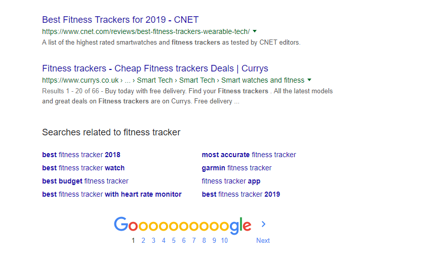 Une autre source de requêtes connexes sur la page de résultats de Google est le panneau inférieur contenant les recherches connexes 