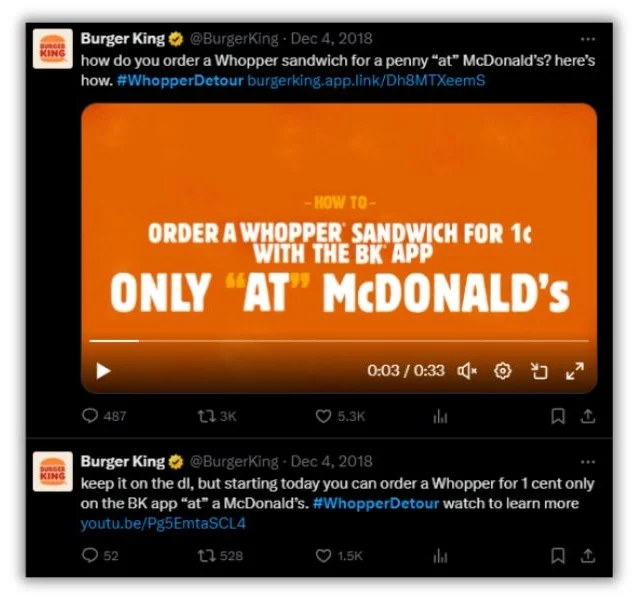 S'il existait un panthéon de l'art de troller ses concurrents, Burger King y serait immédiatement intronisé pour sa promotion "Whopper Detour". Cet exemple étonnant de géofencing a transformé plus de 14 000 restaurants McDonald's en kiosques de commande Burger King.