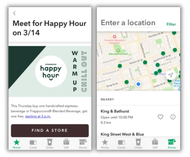Ensuite, il y a la promotion Happy Hour de la marque. Chaque mois, certains jeudis, les établissements Starbucks participants proposent des offres "achetez un produit, recevez un produit gratuit" sur des plats spécifiques. Les utilisateurs de l'application reçoivent une notification push de l'événement, qui mène à une description et à un itinéraire vers le magasin le plus proche.