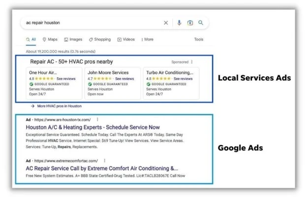 L'une des principales différences entre une annonce de recherche Google et une annonce de services locaux Google est que vous ne pourrez pas cibler de mots-clés pour votre annonce de services locaux. C'est Google qui décide du meilleur moment pour afficher votre annonce lors d'une recherche locale pertinente, sur la base des informations commerciales que vous fournissez. C'est pourquoi il est si important d'optimiser les informations commerciales que vous saisissez lors de la création de votre annonce de services locaux (nous y reviendrons).