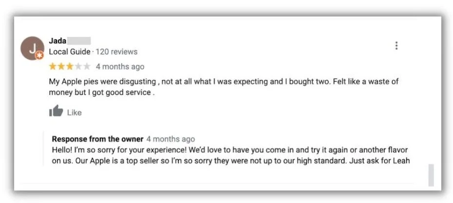 comment supprimer un examen de Google - exemple sur les tartes aux pommes