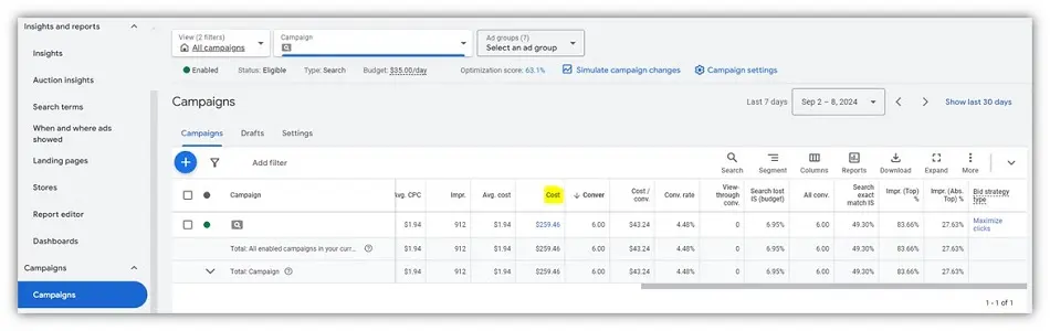 Colonne de coût des dépenses publicitaires de Google