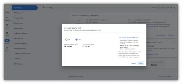 Limite de dépenses du compte Google Ads