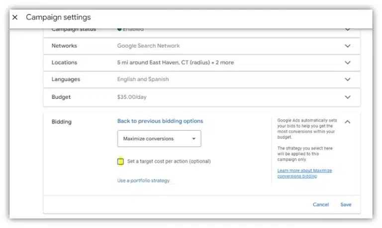 Paramètres de la campagne de dépenses google ads 