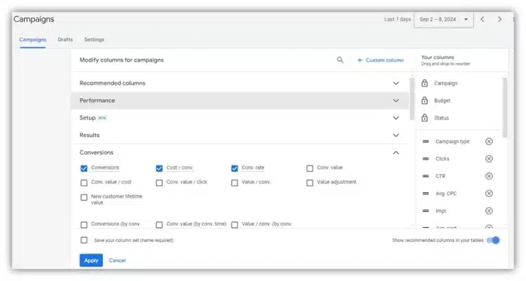colonnes de dépenses publicitaires de google