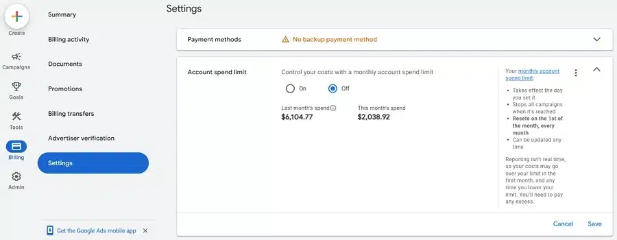 Limite de dépenses pour le budget publicitaire de Google